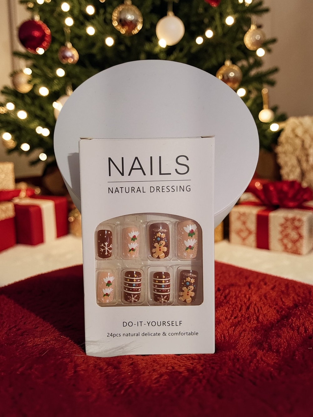 24 Pcs Gingerbread Press-On Nails - Brown & Cream Holiday Set
